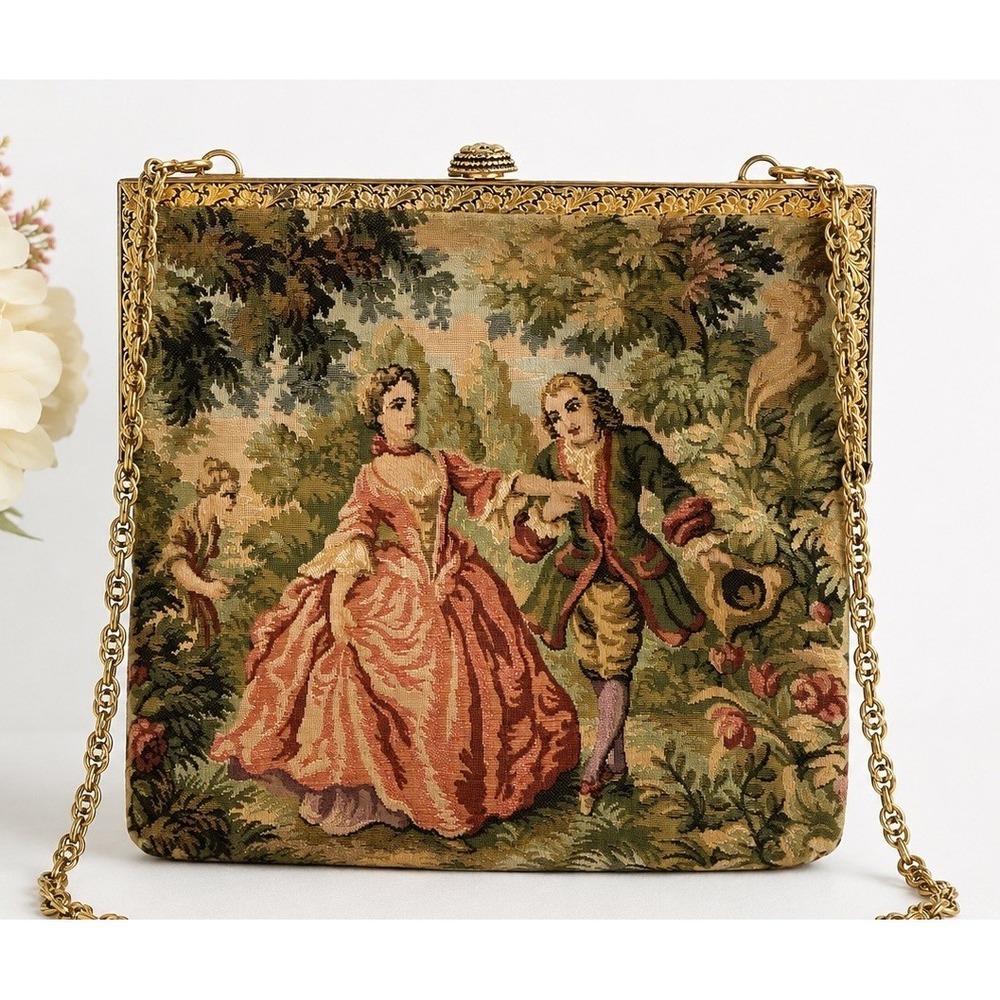 Vintage Delill Tapestry Frame Kisslock Clutch Bag Chain Strap French Rococo 50s